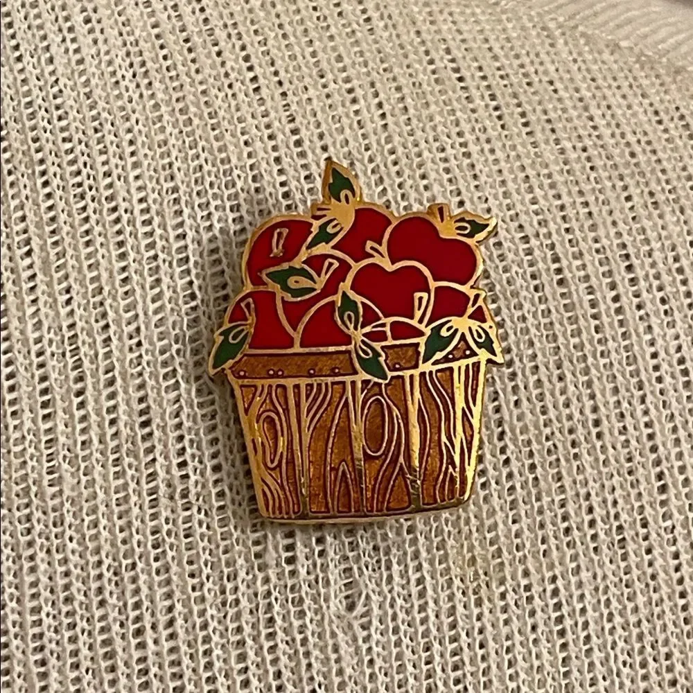 Vintage Hallmark Cards Inc. Enamel - Cloisonné Apple-in-a-basket Pin - Brooch